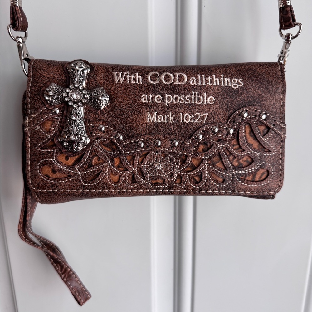 Brown Crossbody Bag with Embellished Cross and Bible Verse